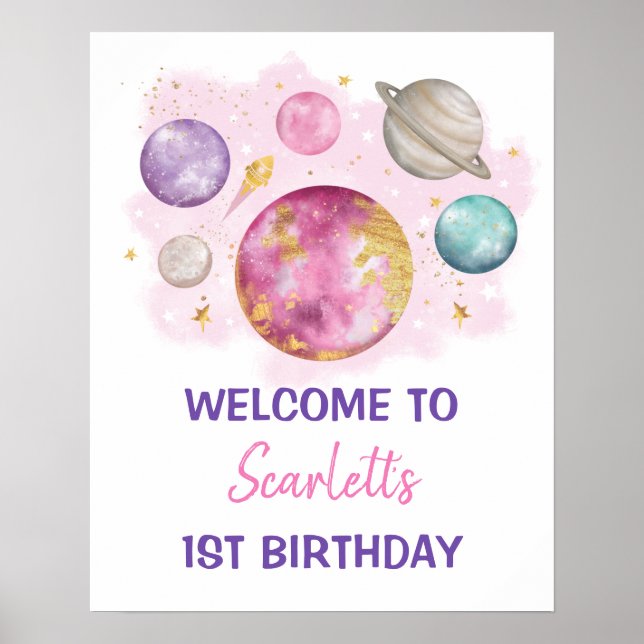 Poster Pink Space Galaxy Planètes Girl Anniversaire Bienv (Devant)