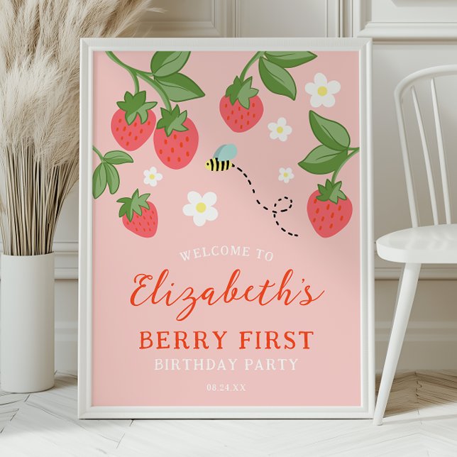 Poster Pink Strawberry Berry First Birthday Welcome (Créateur téléchargé)