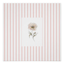 Pink Striped Wall Art Print with Watercolor Rose