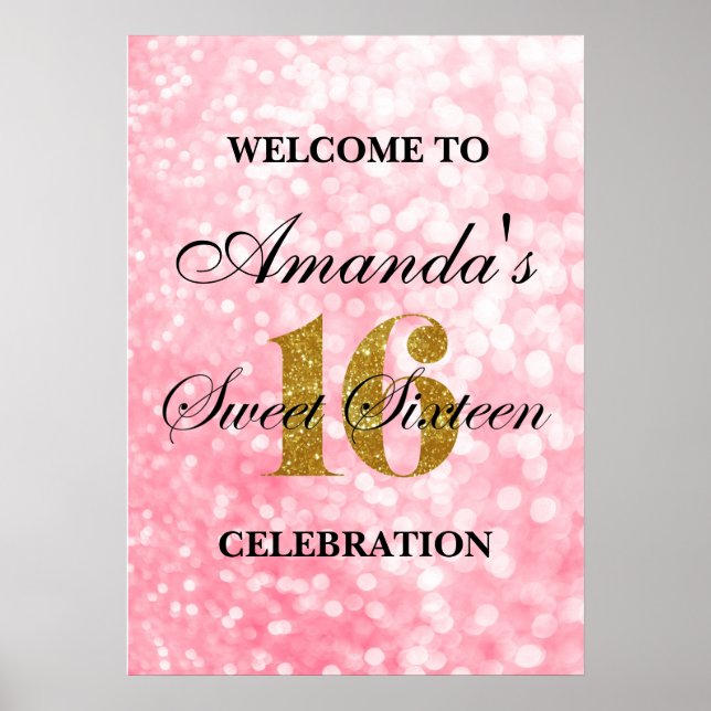 Poster Pink Sweet 16 Gold Parties scintillant Lights Welc (Devant)