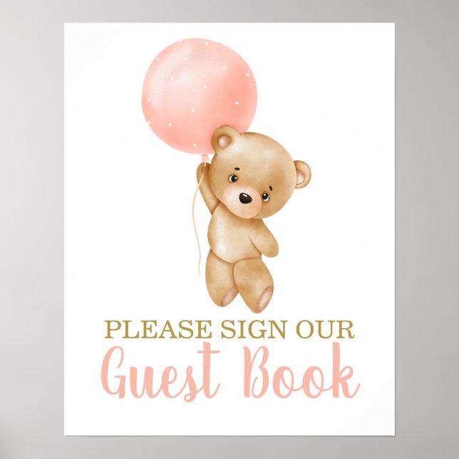 Poster Pink Teddy Bear Baby shower Girl Signaler livre d' (Devant)
