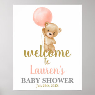 Poster Pink Teddy Oear Baby shower Girl Signal de bienven