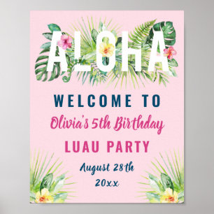 Poster Pink Tropical Floral Aloha Luau Anniversaire Bienv