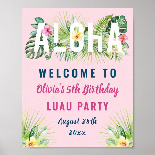 Poster Pink Tropical Floral Aloha Luau Anniversaire Bienv (Devant)