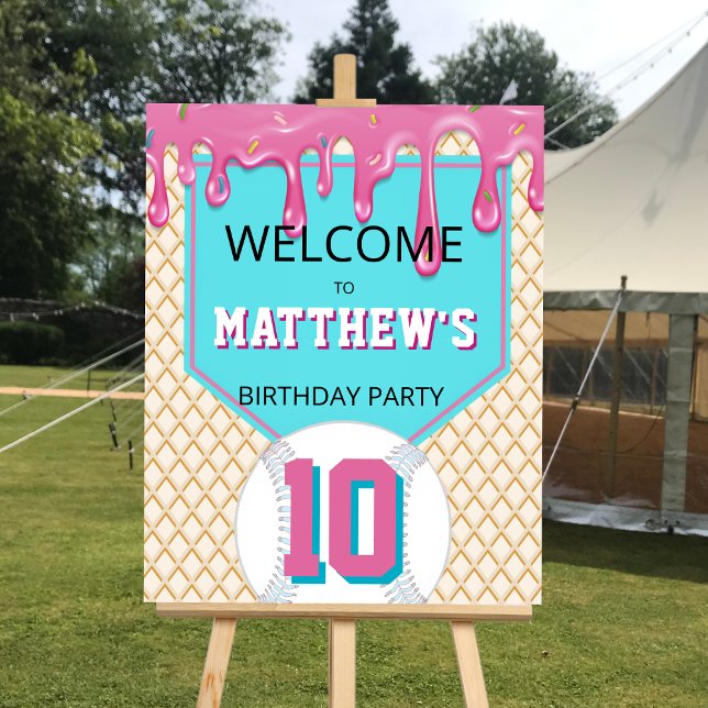 Poster Pink Turquoise Baseball Drip Birthday Welcome Sign (Baseball Drip Birthday Welcome Sign)