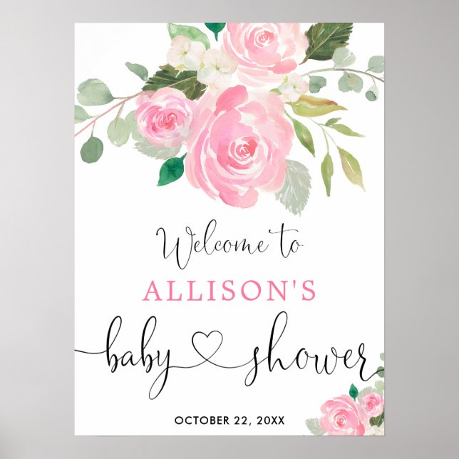 Poster Pink vert floral fille baby shower signe de bienve (Devant)