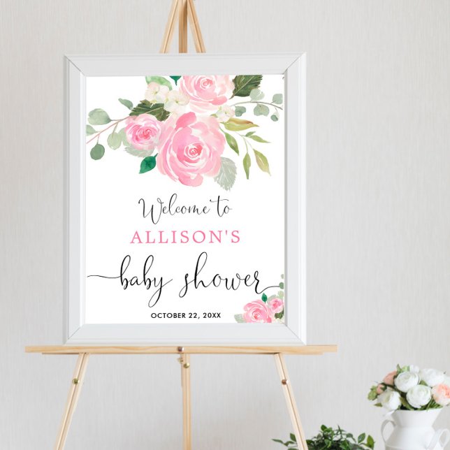 Poster Pink vert floral fille baby shower signe de bienve (Créateur téléchargé)