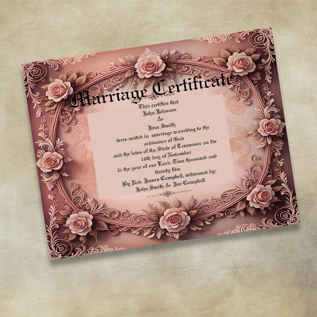 Poster Pink Vintage Roses Marriage Certificate (Créateur téléchargé)