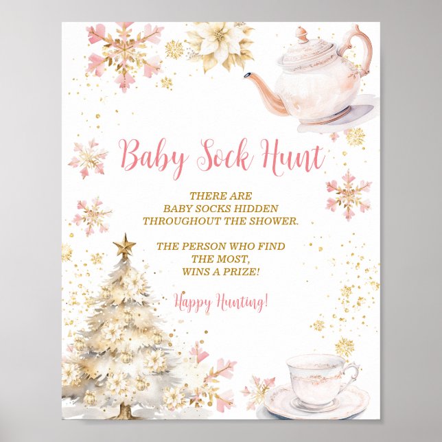 Poster Pink Winter Tea Party Baby Shower Baby Sock Hunt (Devant)