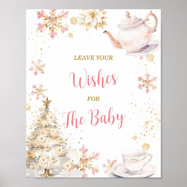 Poster Pink Winter Tea Party Baby Shower Leave Your Wish (Devant)