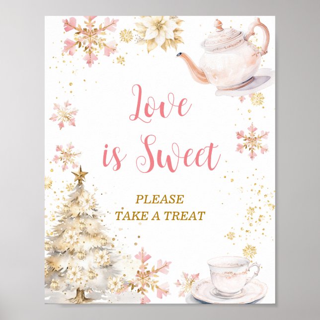 Poster Pink Winter Tea Party Baby Shower Love is Sweet (Devant)