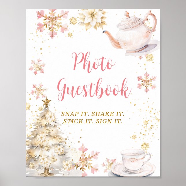 Poster Pink Winter Tea Party Baby Shower Photo Guestbook (Devant)