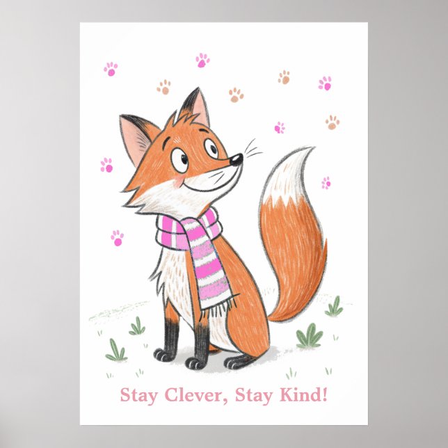 Poster Pink Woodland Cheeky Fox Jouer Doodful Animal (Devant)