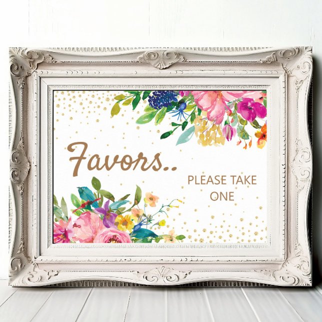 Poster Pink Yellow Blue Floral Gold Baby Shower Favors (Pink, blue, and yellow watercolor floral and gold glitter baby shower party favors sign)
