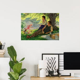 Poster Pique-nique vintage en famille sous un arbre d'omb