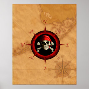 Poster Pirate Compass Rose Et Carte