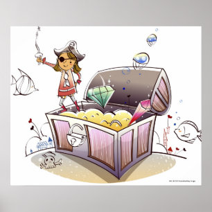 Poster Pirate féminin se tenant sur un coffre au trésor