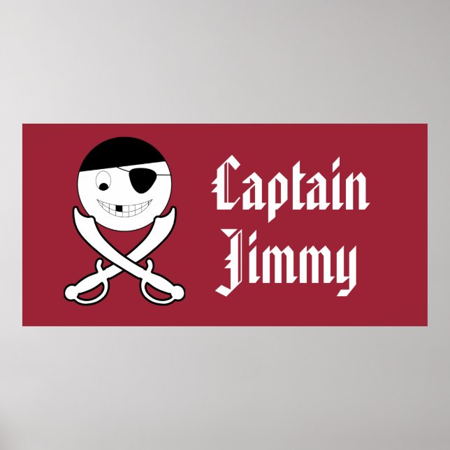 Poster Pirate souriant avec épées croisées sur rouge (Devant)