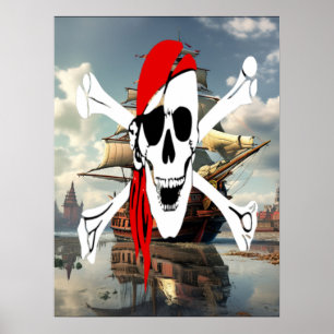 Poster Pirate Vintage Crossbones en mer