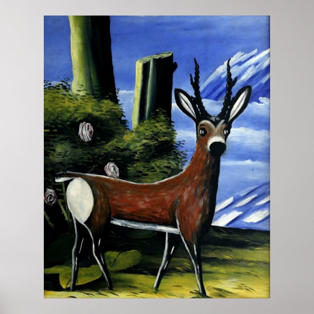 Poster Pirosmani - Roe Deer avec un Arrière - plan paysag (Devant)