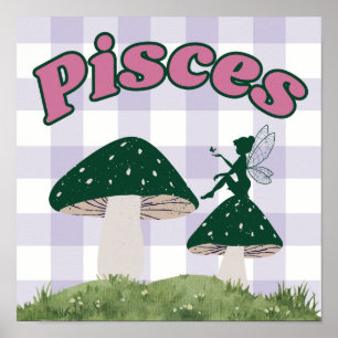 Poster Pisces Zodiac Cottagecore Champignons de fées