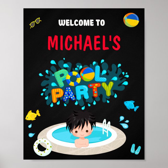 Poster Piscine signe de fête Boy watertoboggan pool party (Devant)