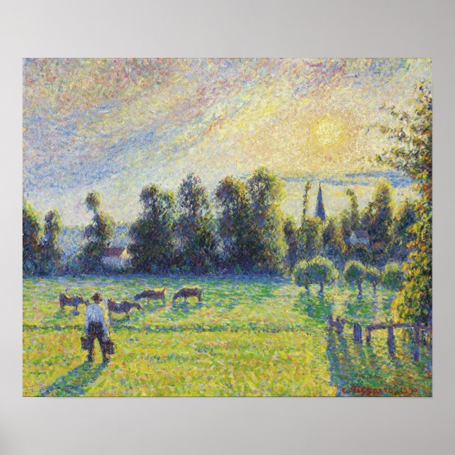 Poster Pissarro - Pâturage Coucher de soleil Eragny 1890 (Devant)