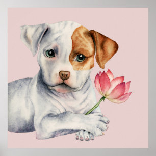 Poster Pit Bull Puppy Holding Lotus Flower Painting