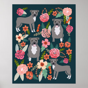 Poster Pitbull Terrier Floral Chien Art