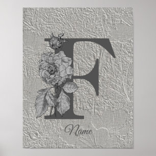 Poster Pivoine argentée Élégant monogramme initial F Votr
