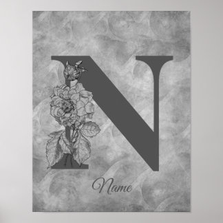 Poster Pivoine Élégant Monogramme Initiale N Personnalisé