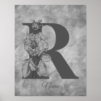 Poster Pivoine Élégant Monogramme Initiale R Personnalisé