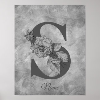 Poster Pivoine Élégant Monogramme Initiale S Personnalisé