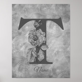 Poster Pivoine Élégant Monogramme Initiale T Personnalisé