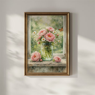 Poster Pivoines dans un vieux pot en verre