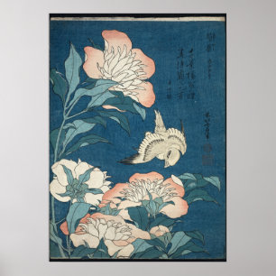 Poster Pivoines et Canari par Katsushika Hokusai 1834