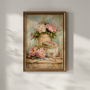 Poster Pivoines Shabby Chic et Boîte en Fer Blanc Vintage
