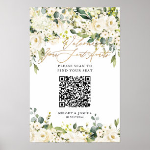 Poster PixDezines Élégant Alabaster Floral QR Plan de tab