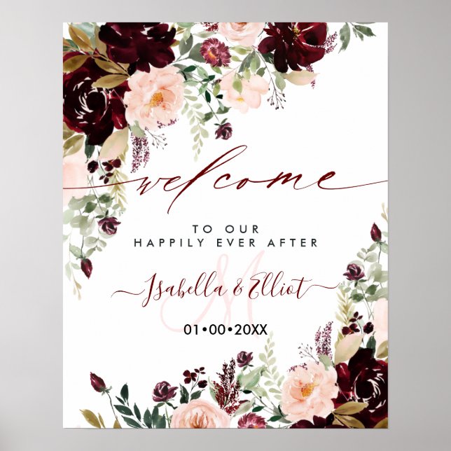 Poster PixDezines Fleurs Bourgogne Rustique Blush Bienven (Devant)