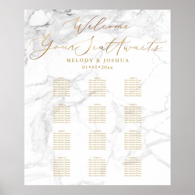 Poster PixDezines Marble+Faux Gold Script, Seating Chart (Devant)