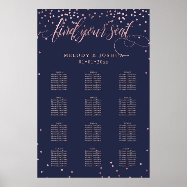 Poster PixDezines Marine+Rose Gold Script, Seating Chart (Devant)