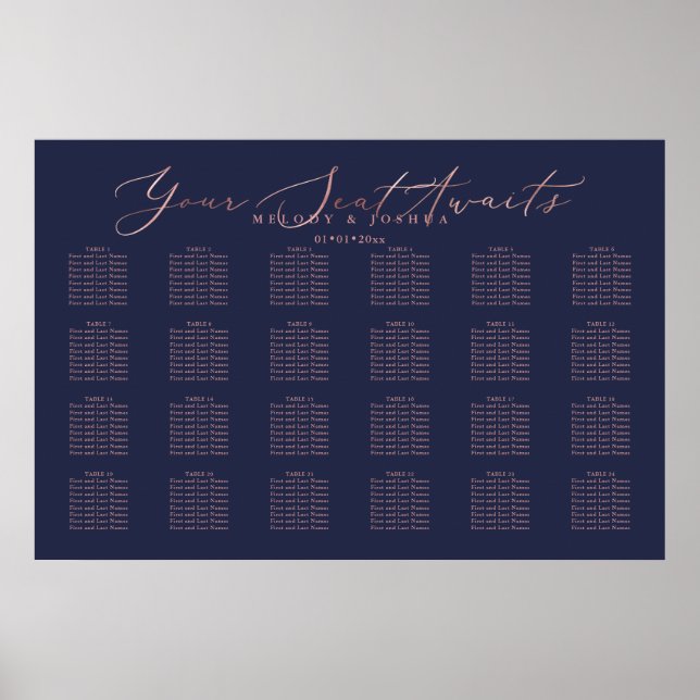 Poster PixDezines Marine+Rose Gold Script, Seating Chart (Devant)
