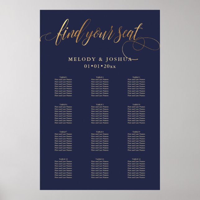 Poster PixDezines Navy+Gold Calligraphie, Plan de table (Devant)