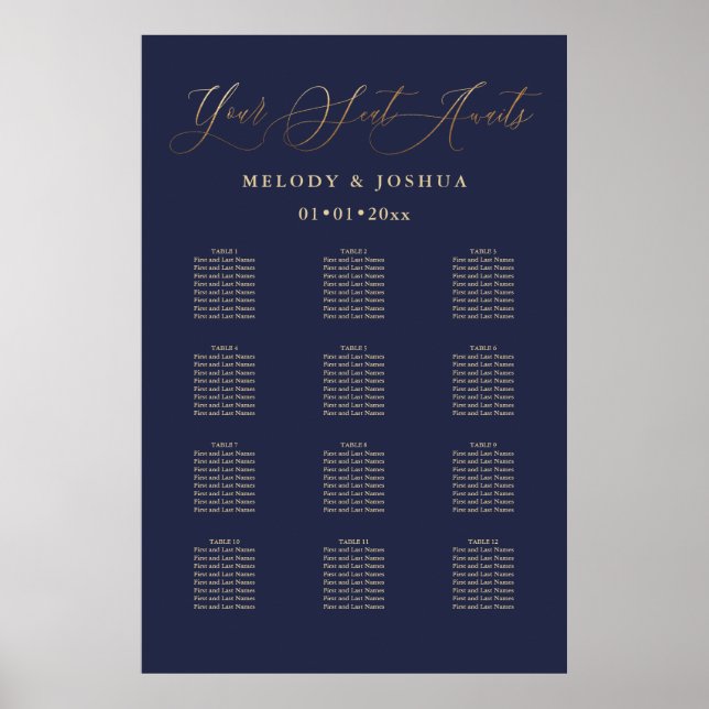 Poster PixDezines Navy+Gold Calligraphy, Seating Chart (Devant)