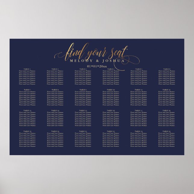 Poster PixDezines Navy+Gold Calligraphy, Seating Chart (Devant)