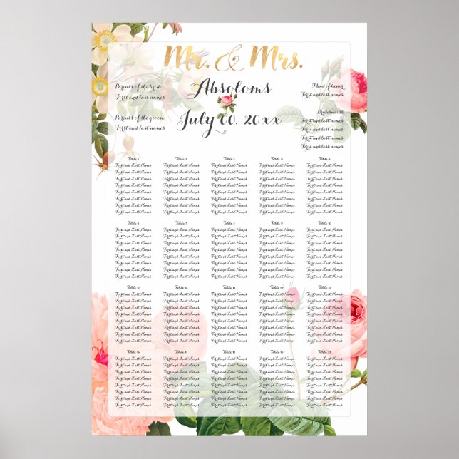 Poster PixDezines Vintage Roses Seating Chart (Devant)