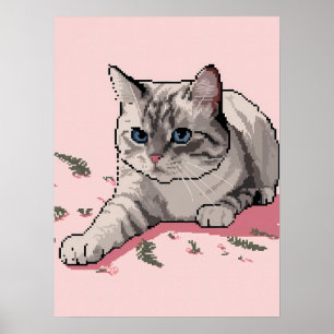 Poster Pixel Art de Chat Gris Ragdoll aux Yeux Bleus