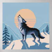 Pixel Art Howling Wolf au coucher du soleil