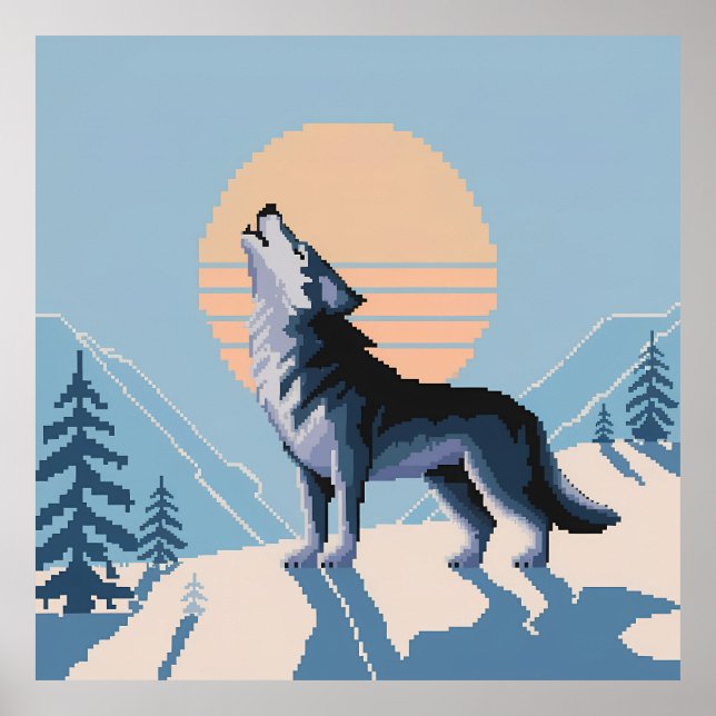 Poster Pixel Art Howling Wolf au coucher du soleil (Devant)
