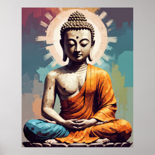 Poster Pixel Art moderne Bouddha coloré